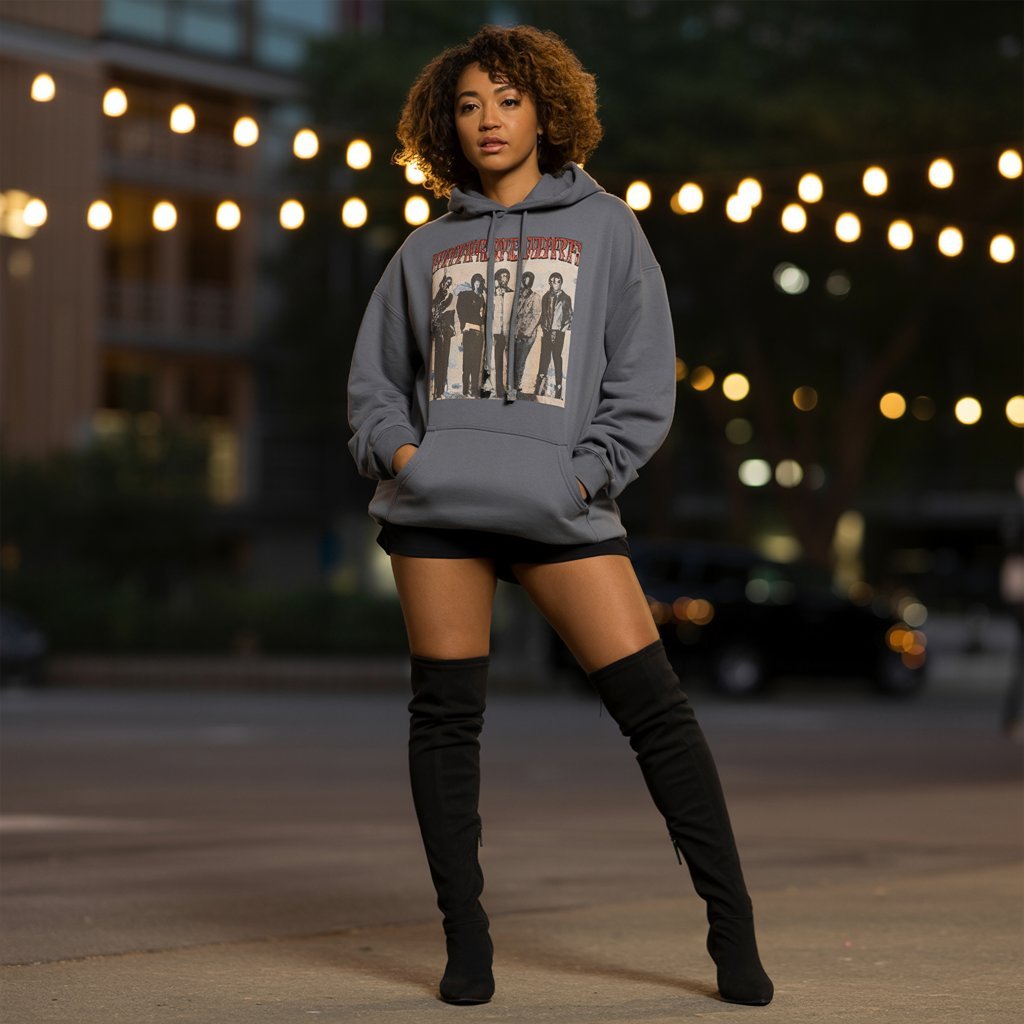Oversized Graphic Hoodie with Knee-High Boots