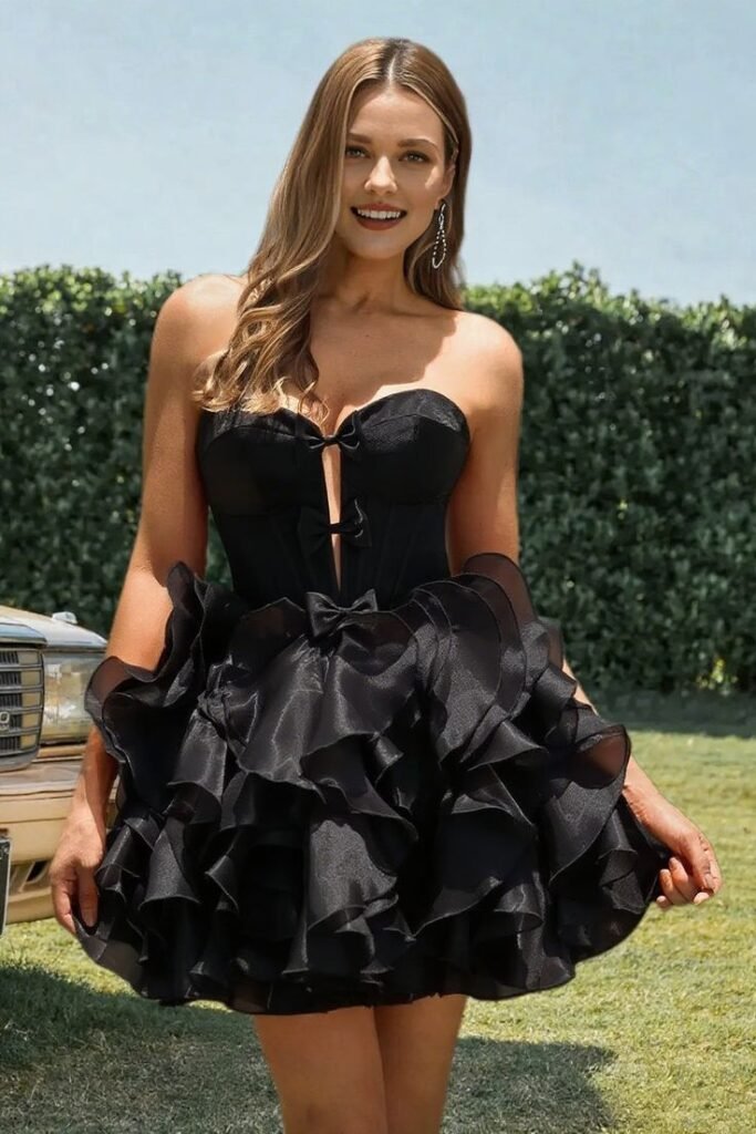  Corset-Style Spider Bow Mini Dress with Layered Skirt
