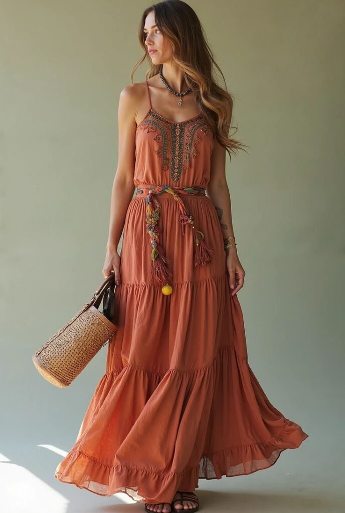 Bohemian Maxi Dress with Ethnic Jewelry and Sandals