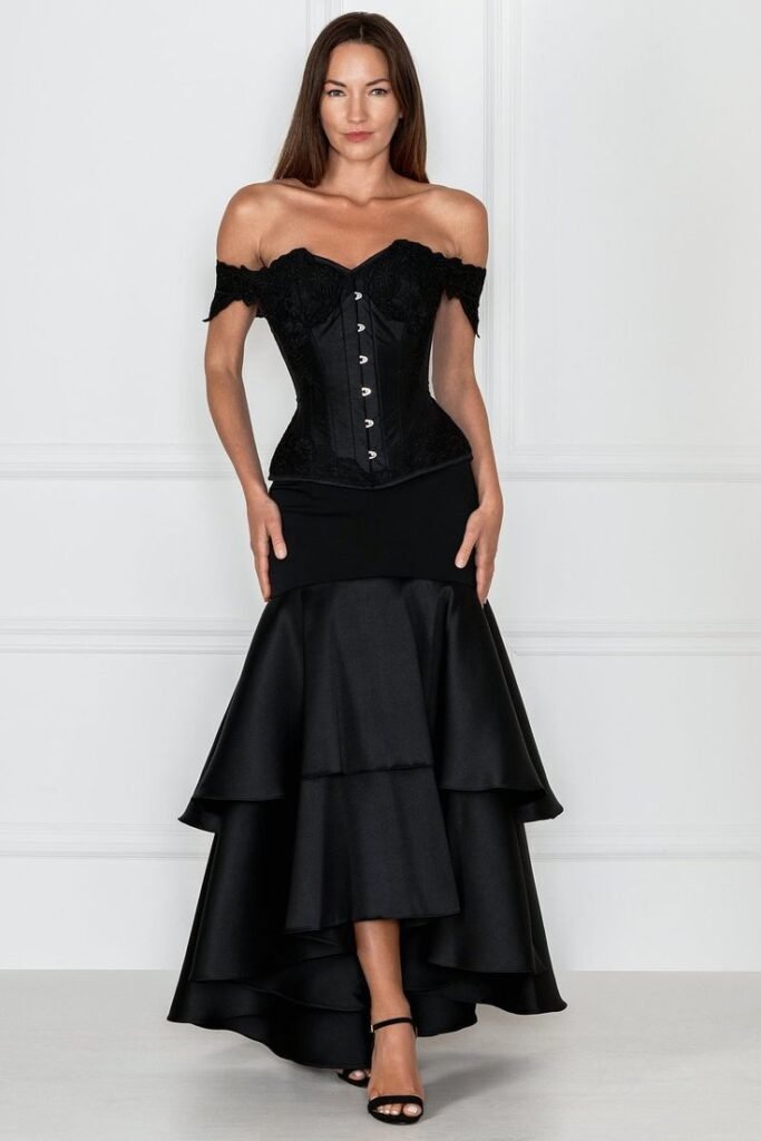 Long Black Skirt with Layered Lace and Fitted Corset Top