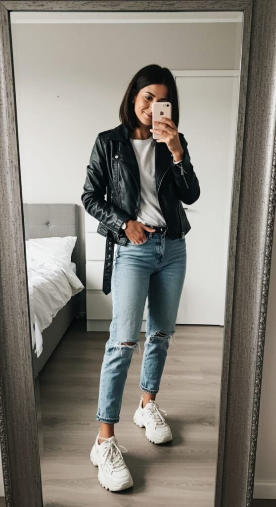 White Tank Top with Washed-Out Jeans and Leather Jacket