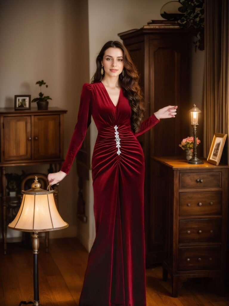  Deep Red Velvet Gown with Fitted Bodice and Ruffled Sleeves