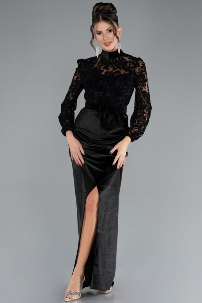  Black Velvet Gown with Intricate Lace High Neckline