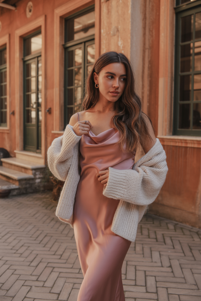 Pink Satin Slip Dress and Faux Fur Jacket