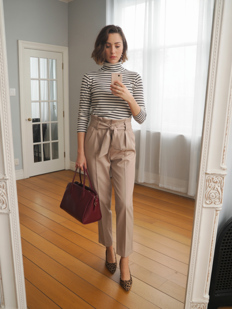 Striped Turtleneck and High-Waisted Trousers