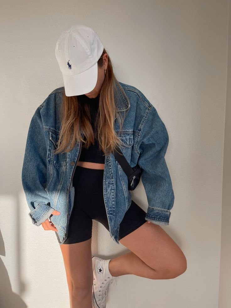 Oversized Denim Jacket with Tie-Dye Tee and Biker Shorts