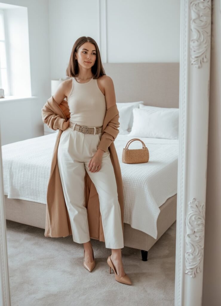 Monochromatic Elegance with Camel Cardigan