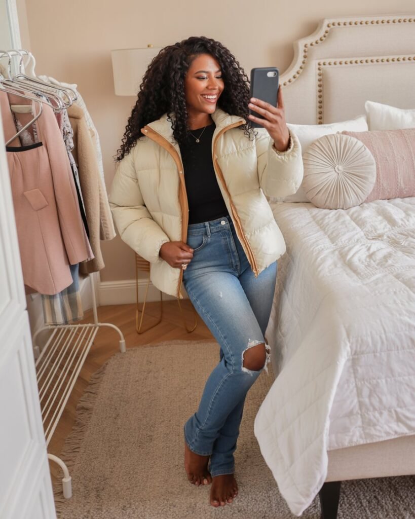 Cozy Puffer Jacket Meets Curve-Hugging Denim