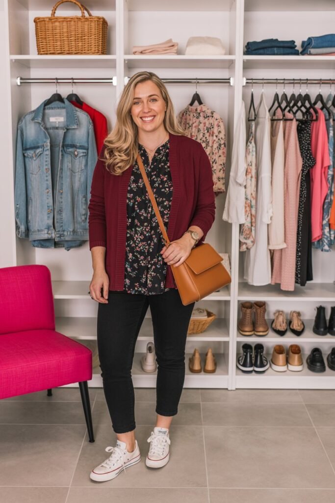 Floral Blouse with Burgundy Cardigan